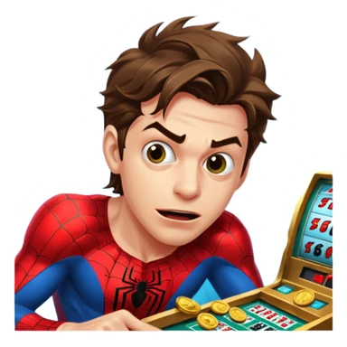 disheveled spiderman losing money at a slot machine, panicked face, coins flying sticker