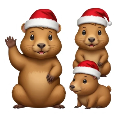 Capybara con gorrito de navidad con un montón de poses para paquete de sticker de WhatsApp que hablen peor ejemplo hola o algo asi sticker