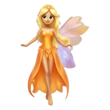 Stella adult latina fairy of nature in her enchantix fairy orange clothing and fairy enchantix wings and long blonde hair from winx club. Small eyes, Lots of sparkles and fairydust. Full body and full fairy bliss sticker