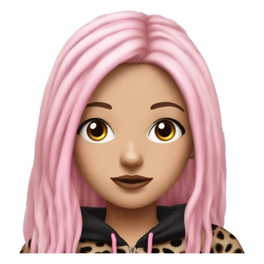 Hyperrealistic white girl with long black hair with a pink fringe and has eye makeup on, she is wearing a black and leopard print hoodie  sticker