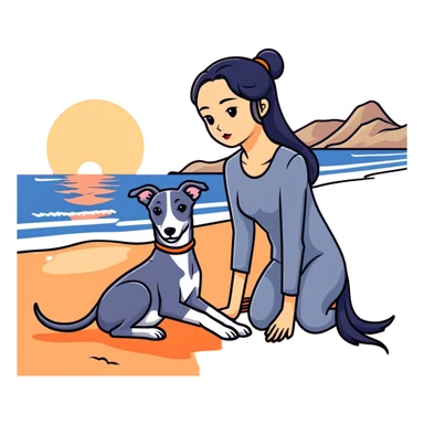 A very beautiful and attractive 25-year-old Chinese woman with long flowing black hair and a SOLID DARK GREY whippet sitting together on a beach during a beautiful sunset. The whippet MUST be COMPLETELY SOLID DARK GREY with ABSOLUTELY NO WHITE MARKINGS ANYWHERE - no white chest, no white face, no white paws, no white tip on tail - ENTIRELY ONE SOLID DARK GREY COLOR throughout the entire dog. Orange and red sunset sky over the ocean, sandy beach in the foreground. sticker