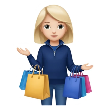 A little girl (he usually calls her baby), who is obsessed with shopping and luxury brands and holds a dozen of bags, she wears navy blue half zip sweater and holds 10 bags sticker