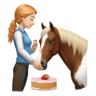 White teen girl with strawberry blonde hair giving a treat to a brown and white paint horse sticker