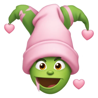 grinch wearing a light pink toboggan with hearts around him sticker
