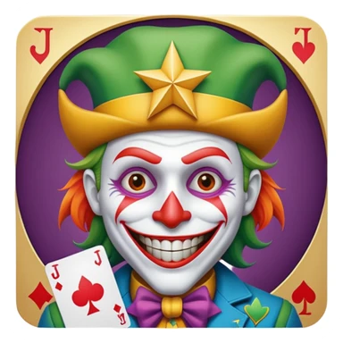 1 poker card, perfectly squared card, with crazy colorful human jolly joker inside, star symbol with a "J" sticker