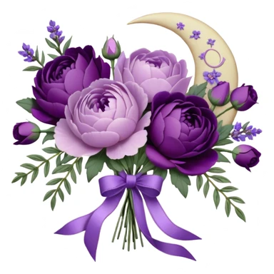 A vintage bouquet of lavender-hued peonies, deep violet roses, and soft lilac pansies, tied together with a silk ribbon in shades of plum and amethyst, rests beneath the glow of a crescent moon. Scattered around are tiny embroidered hearts on a delicate lace handkerchief, while the scent of dried lavender lingers in the cool evening air. sticker
