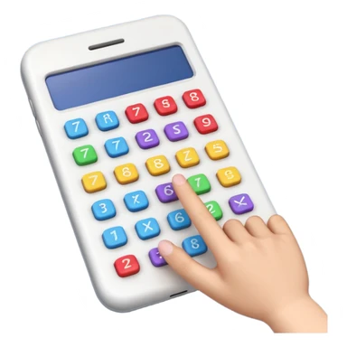 3D iPhone style emoji of a person using a calculator, finger pressing colorful buttons, digital display showing numbers, isolated on white background, soft shadows, high detail, playful and cute. sticker