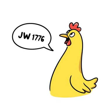 cartoon style shouting yellow long neck chicken with a funny expression, 'JW 1776' in a speech bubble sticker