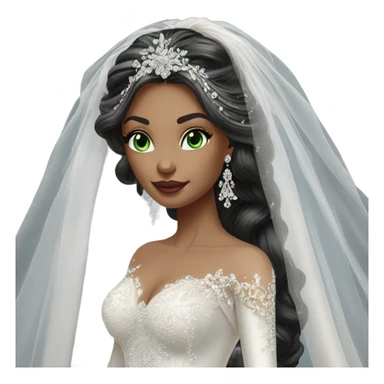 Hyper Realistic ornate ballgown long sleeve Wedding dress with diamanté on Russian bride with light skin and green eyes and long black hair with veil hyper realistic  sticker