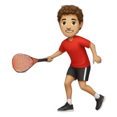 Young guy with swooped brown hair playing pickleball full body red shirt black shorts solid black paddle sticker