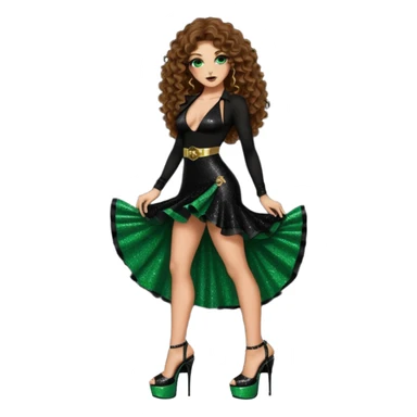 green eyes brown long curly hair woman, cartel boss with 7 inch platform stripper high heels black glitter dress, Los Angeles Spanish style black outfit sticker