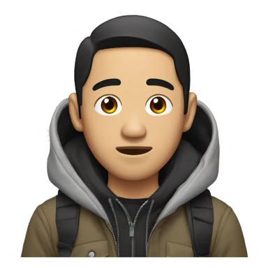 an asian man with black hair partially falling down his face; he is wearing a hoodie and a jacket on top; he has a black backpack on his shoulders sticker