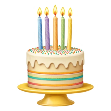 Layered, detailed beige and white vanilla birthday cake with candles and rainbow sprinkles, on a yellow cake stand sticker