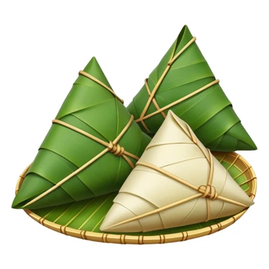 Dragon Boat Festival rice dumplings Zongzi wrapped in bamboo leaves, simplified emoji style with bold outlines and bright colors, cartoon style traditional pyramid-shaped food sticker