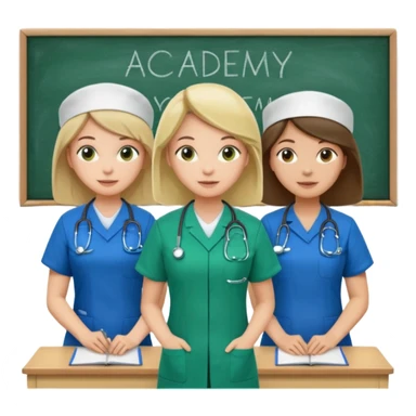 3 different nurses, wearing green and blue work clothes, in a classroom, "Academy" written in white on board sticker