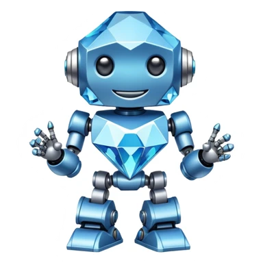 smiling robot holding a large blue diamond sticker