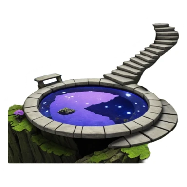 Crashed Alien saucer pool-saucerhouse jungle winding staircase lakeside mountainside-island getaway haunted nighttime landscape antique mudman very old broken cracked intricate Stone Age lapis-crusted irregular dodecagon-shaped shallow dark moss rough bark violet flowered maple tree bonsai sticker