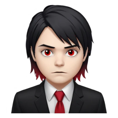 Gerard Way (Revenge Era)
Round, simplified emoji style
Pale skin tone
Jet-black, shoulder-length hair messy and emo
Heavy eyeliner and slight red shadow under the eyes
Subtle serious
Hint of red tie visible on black button up shirt.
Transparent background. Black eyeliner. Messy emo hair sticker
