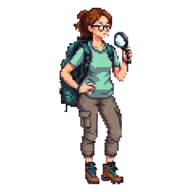 Very happy excited woman in her 40s with glasses wearing sporty outfit, hiking boots, and backpack, holding a magnifying glass sticker