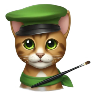 Brown cat with black stripes and white mustache and the contour of the white mouth and green eyes with a brush pencil and a black beret and a painting palette sticker