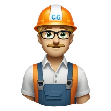 skinny blonde young man, large lips, no beard but with mustache, muted blue/green eyes, glasses, wearing white hard hat that says ”gmc” in orange letters, orange safety vest, muted blue shirt sticker