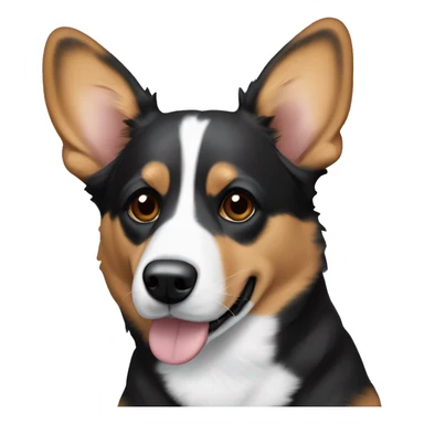 A dog, mix of corgi and blue heeler, colors are black with black and white on paws and little dots on paws, white streak along the nose, brown inside of the ears sticker