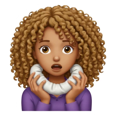 a kinda light brownskin girl with curly hair emoji strangling themselves / crashing out sticker