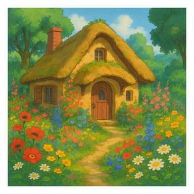 a small cottage with a thatched roof surrounded by flowers, ghibli style sticker