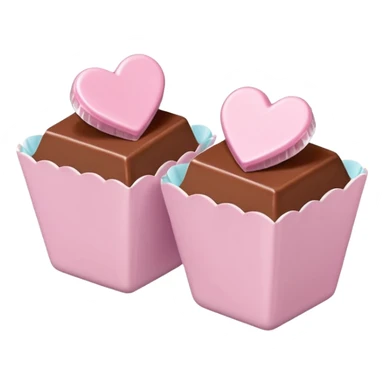 Two square milk chocolate pralines , sharp-edged glossy cubes placed diagonally side by side, each sitting in a small white fluted paper candy cup.
Flat thin pastel pink heart icing centered on top with fine sugar crystal sparkle, clean studio product lighting,  sticker