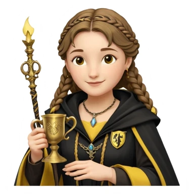 Helga Hufflepuff,the Hogwarts founder of Hufflepuff,brown-haired,2braids,yellow-black medieval dress with black cloak decorated with gold braiding,flickering magic wand and tiny two-handled shiny gold cup engraved with the badger silhouette,very kind smile,curvy busty sweet sticker
