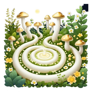 Glowing garden of probiotic foods: yogurt as white flowers, kefir as luminous mushrooms, and fermented vegetables as magical plants. Beneficial bacteria appear as tiny golden lights floating through the garden. The intestine forms a spiraling path surrounded by this magical ecosystem. sticker