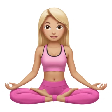 Mujer color de piel moreno claro con cabello rubio suelto y lacio y largo, que tenga gloss en los labios y se vea usando Blush rosita, usando un top rosa deportivo y leggins deportivo rosa en una pose de yoga sentada, viendo hacia enfrente con ojos negros y sonriendo sin mostrar los dientes sticker