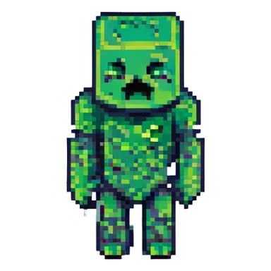 Minecraft creeper, 3D isometric, green pixelated body, black square face features, simple and iconic sticker