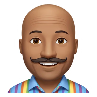 Oxumarê as a very happy and spontaneous smiling 37-year-old bald man with very dark skin, smooth oval head, indigenous facial features, mustache with circular beard only on chin, a round mole on the right side below the lip, wearing a blue striped dress shirt, with rainbow serpent, Memoji style sticker