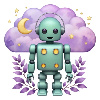 watercolor-style emoji of robot silhouette with “AI” inside a lilac cloud, connected to a soft circuit shape. gentle pastel palette (sage green, blush, lilac), surrounded by leaves, moon, and stars — poetic and calm aesthetic. sticker