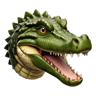 Cinematic Realistic Noble Crocodile Portrait Emoji, Poised and formidable, with a massive, muscular build and a rugged, intricately textured scaly hide in deep olive-green with natural camouflaged patterns, a powerful, fearsome jaw and piercing, ancient eyes rendered in lifelike detail, high shine, intelligent and imposing, styled with an air of primal authority, focused and attentive, soft glowing outline, capturing the essence of a watchful and confident crocodile that appears ready to surge out of the screen with effortless power! sticker