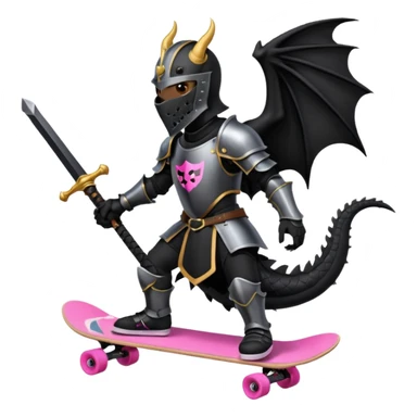 zwarte ridder met een zwarte zwaart en een zwarte schild met een zwarte draak op en hij skate met een roze skatebord en hij  zit tegen een draak te vechten sticker
