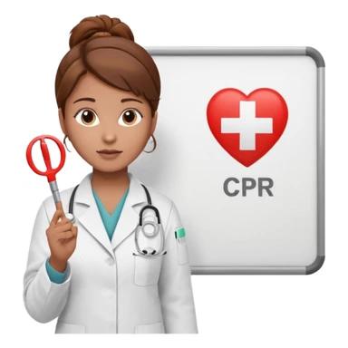 Teacher, female, brown hair up, holding a pointer to a white board with a CPR logo. sticker