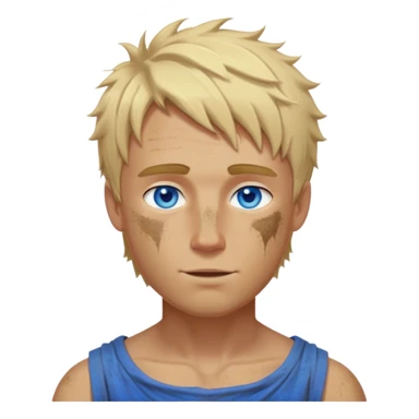medieval summer look worn by a DnD themed fantasy character. bare upper body with a sun-kissed tan and some dirt marks. The character's haven't arms. character is blonde hair, blue eyes, short messy hair, white-skinned man. sticker