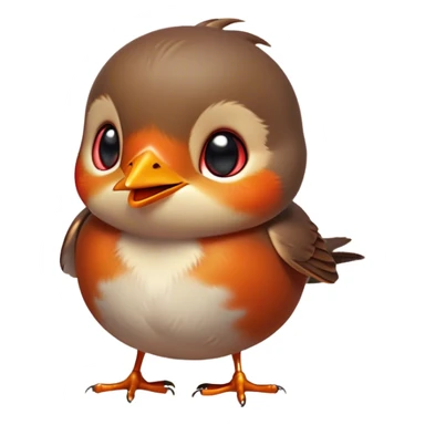 Cinematic Cute Robin Portrait Emoji, Head tilted playfully and inquisitively, featuring a charming, petite form with a vibrant red breast, round, sparkling eyes full of gentle mischief, and a delicate, beak-like smile, Simplified yet irresistibly adorable features, highly detailed, glowing with a warm, inviting glow, high shine, affectionate and lively, stylized with a touch of whimsical woodland charm, soft glowing outline, capturing the essence of a mischievous yet endearing robin that seems as if it could sing out of the screen into your heart! sticker
