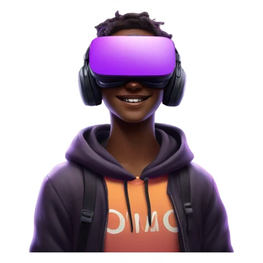 Happy student wearing a black hoodie with "OMG" letters on it and VR headset oculus quest 2 in a cyberpunk VR environment with violet neon lighting. sticker