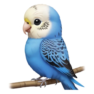 cinematic-cute-blue-budgie-portrait-emoji,-head-tilted-playfully-and-inquisitively,-featuring-a-brilliant-blue-feathered-fur-and white and black feathered face-with-a-natural-sheen,-round,-sparkling-dark-eyes-filled-with-curiosity,-simplified-yet-irresistibly-adorable sticker
