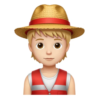 White kid with a straw hat that has a red stripe horizontally, and is wearing a red sleeveless vest sticker