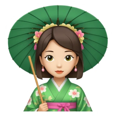 Japanese Princess with paper umbrella, green kimono sticker