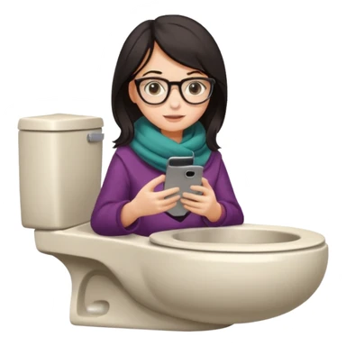 Fille châtain foncé avec lunettes. Elle porte une grosse écharpe. Elle est dans une cuvette de toilette. Téléphone en main. Realiste sticker