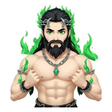 hades greek god with green flames and beard with chains on his arms and neck, Long hair. Dynamic pose sticker