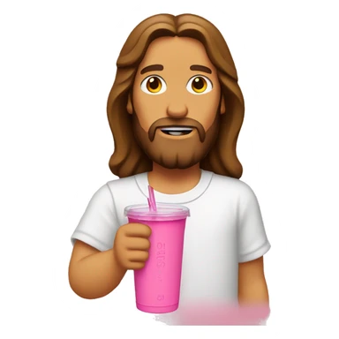 Jesus drinking a pink Stanley tumbler with a lid and a straw sticker