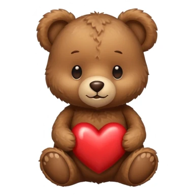 A tiny brown teddy bear next to a brown heart sticker