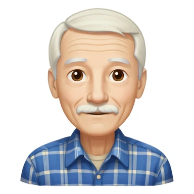 Elderly thin man with light skin. Elongated face with kind smile. Long straight white hair reaching down to chest, with some bangs. Light brown eyes. Thin eyebrows. White goatee and mustache. Very slim build. Wearing a blue and beige plaid shirt. sticker