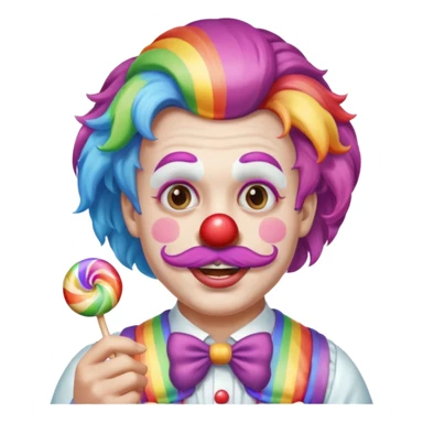 Funny clown — rainbow wig, mustache, candy in hand sticker